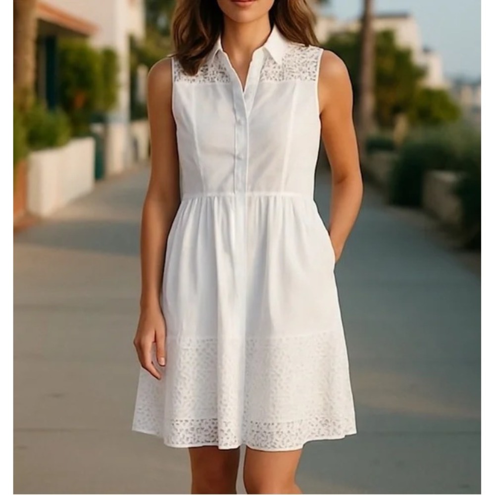 Ann Taylor White Eyelet Collar Sleeveless Button Up‎ Shirt Dress Size 6T Cotton